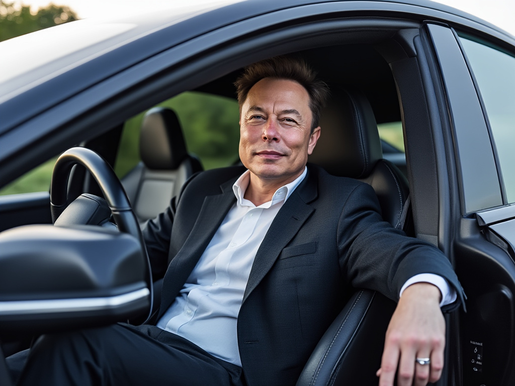 a photo of Elon Musk sitting in the driver seat of a Tesla with the car's door open
