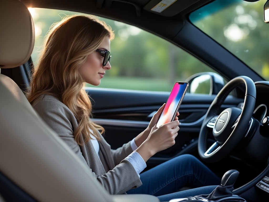 a photo of a woman sitting in a car and using her iPhone while a QI wireless charger is in the center console