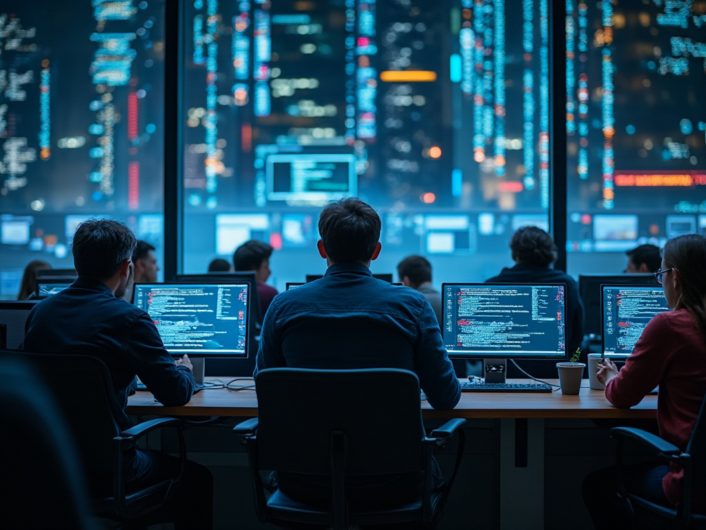 a shot of a programmer surrounded by other programmers patiently listening to him