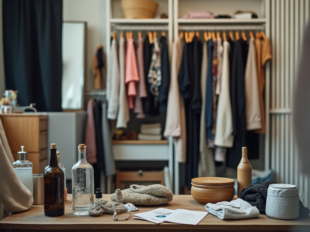 a photo of a blurry dressing room with a wardrobe rack and some bottles or trash on a table