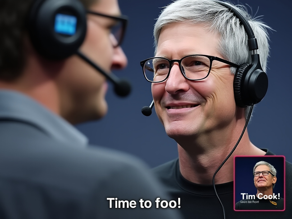 a photo of an apple product press announcement, showcasing someone wearing a headset, with a picture-in-picture of Tim Cook's head saying "Time to foo!"