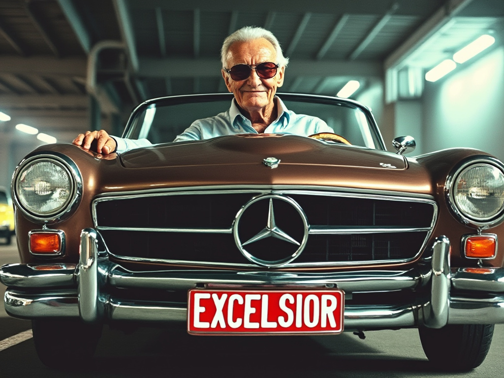 a photo of Stan Lee in a car with a red & white "EXCELSIOR" license plate on it