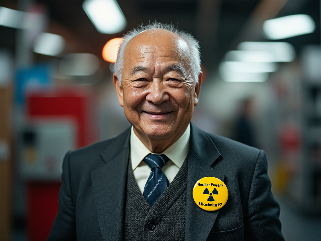 A picture of a bald, white-haired old man wearing a 'Nuclear Power? No Thanks!' smiley face button stands next to a smiling, suited, middle-aged Asian man with a badge reading 'Fission for the Future!'