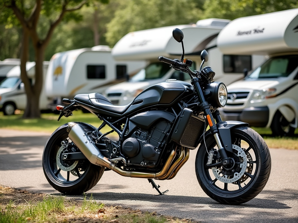 an electric motorcycle in a Harvest Host for campgrounds with RVs