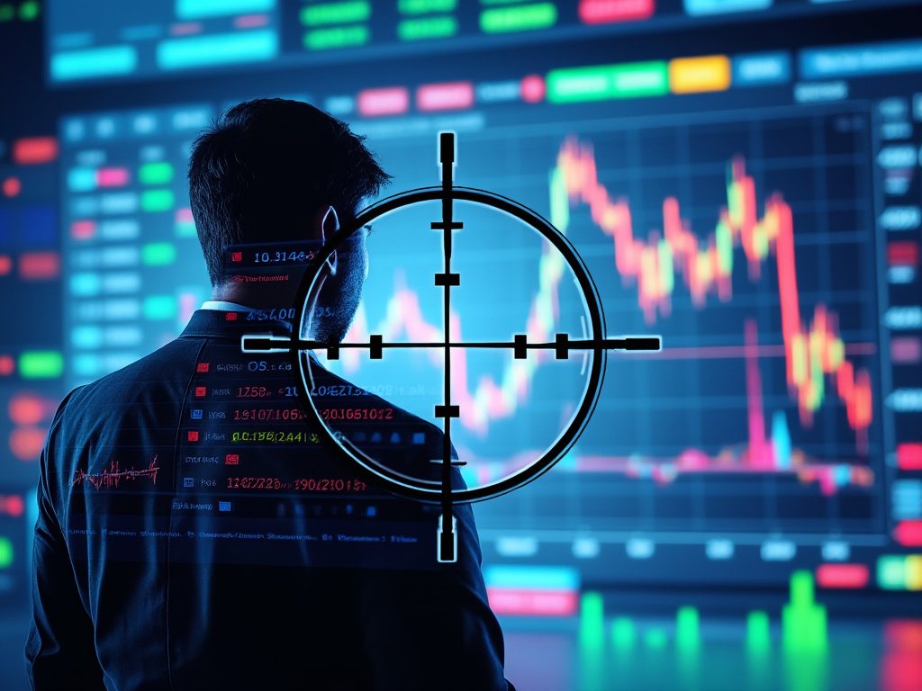 A photo of affected stock charts alongside a shadowy figure with a crosshair overlay