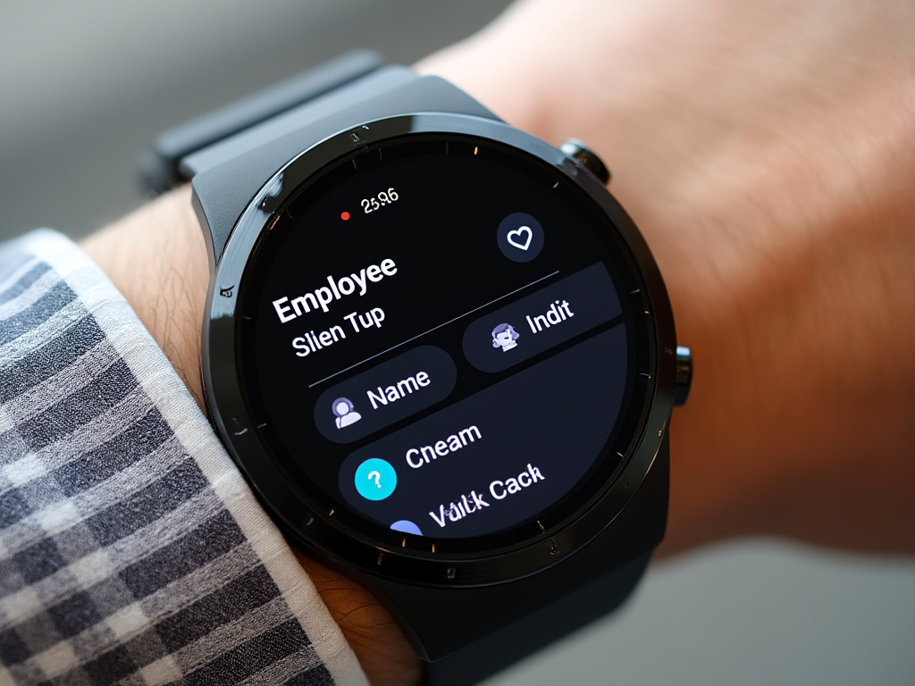 a Google Pixel Watch smartwatch with employee details on screen including name and duration of time out of office