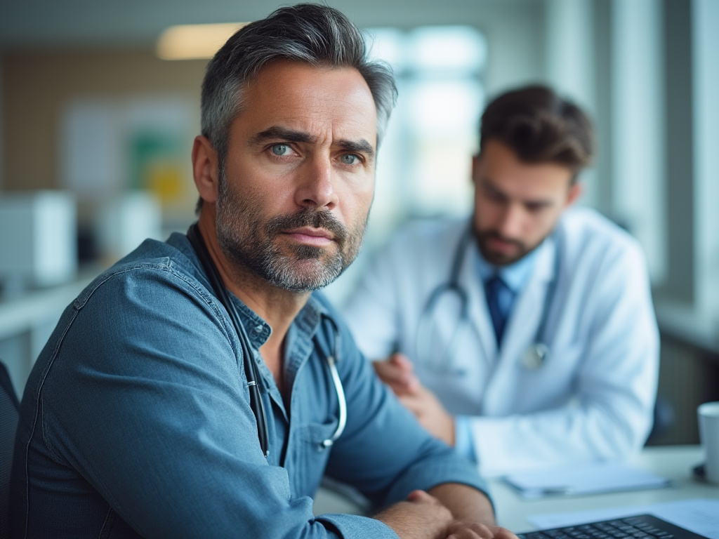 a blurred image of a man in a doctor's office with a concerned look and a doctor at a desk, ethnicity unknown