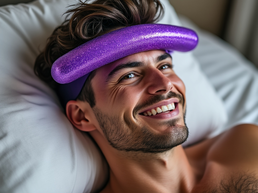 a young man happily laying on his bed with a sex toy strapped to his forehead