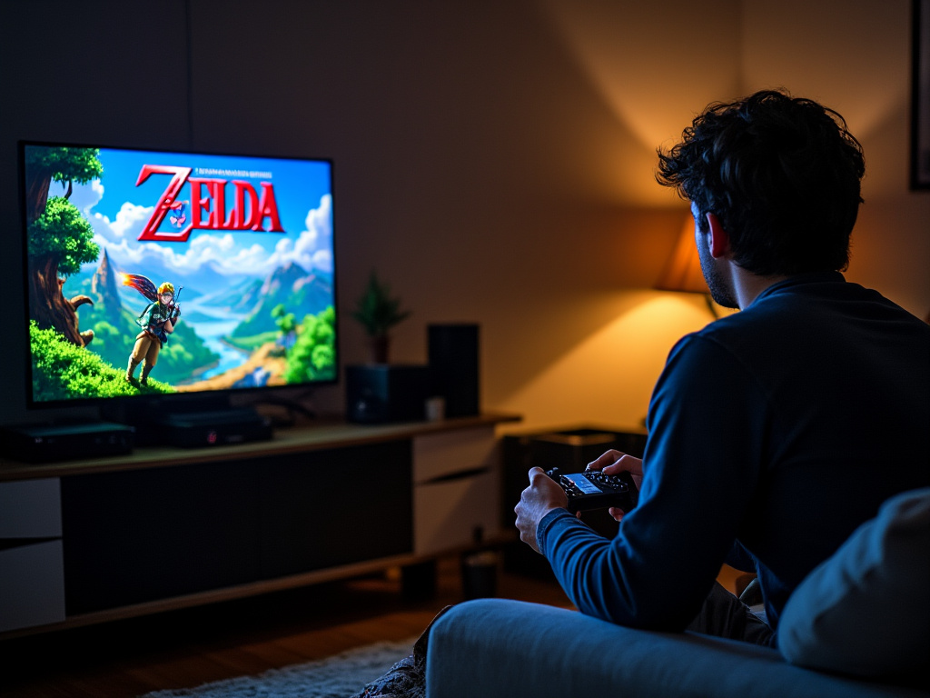 a photo showcasing a man immersed in gameplay on a TV in a dimly lit room