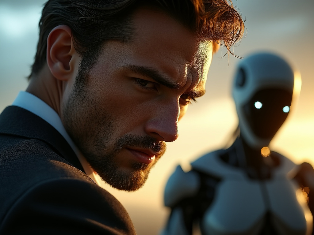 a close-up of a masculine face looking down, maybe with a concerned expression, with a shadowy or blurry view of a robot/AI figure in the distance, set against a warm and bright background