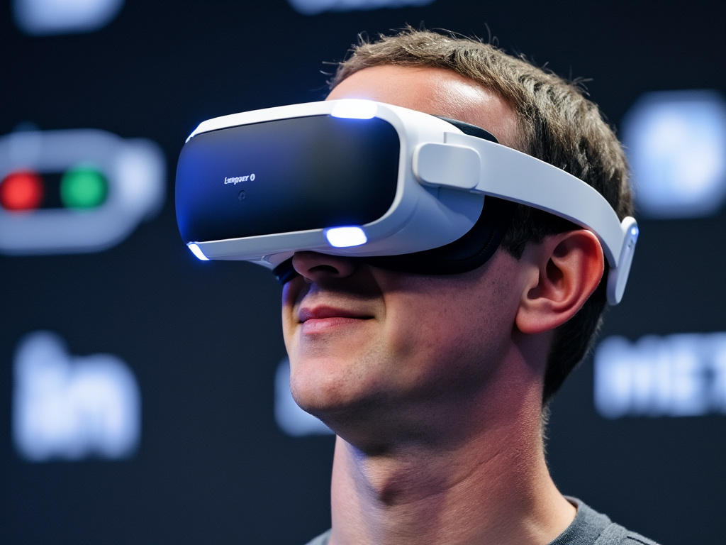 Mark Zuckerberg showcasing a VR headset at a Meta product launch