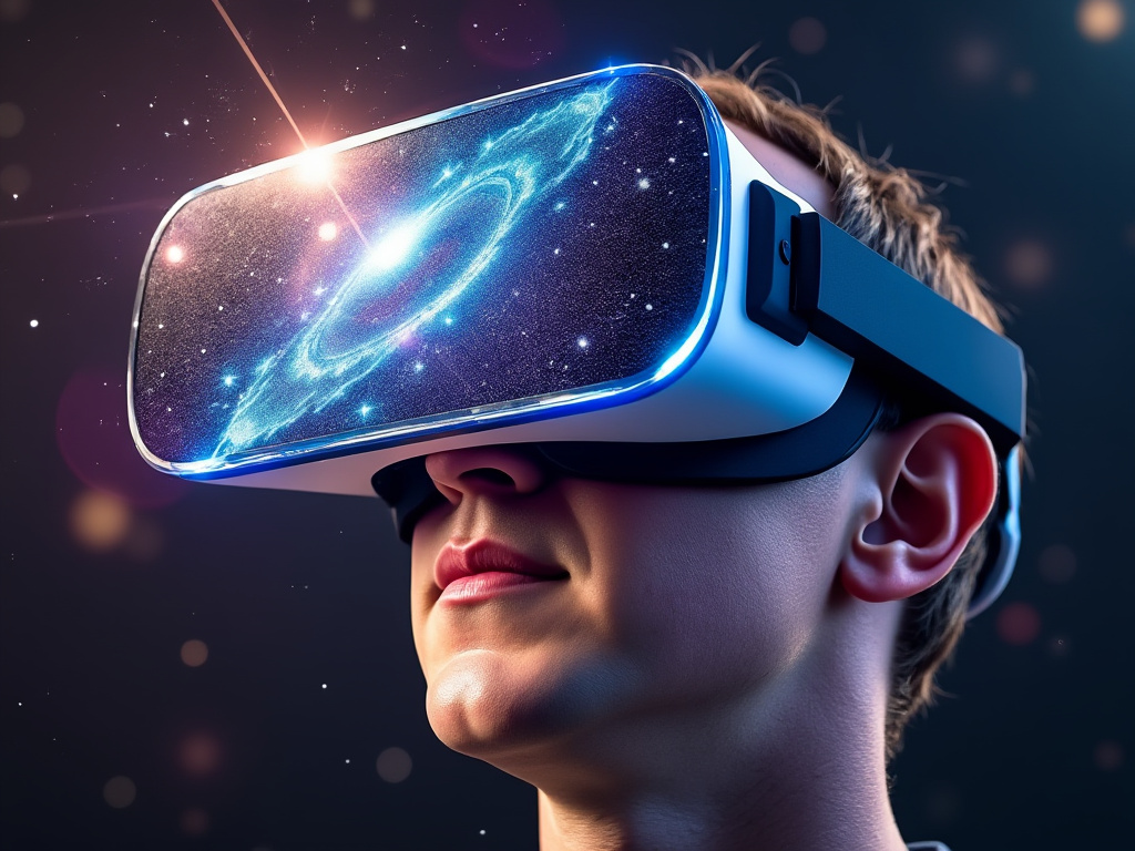 a photo of Mark Zuckerberg wearing massive virtual reality headset glasses that are giving him a digital view of the Bible that has come alive