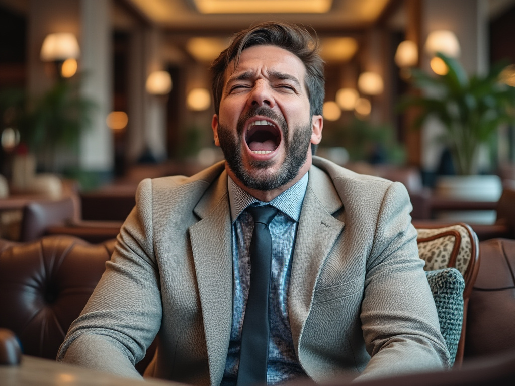 A picture of a man sitting in a hotel lobby, fake yawning