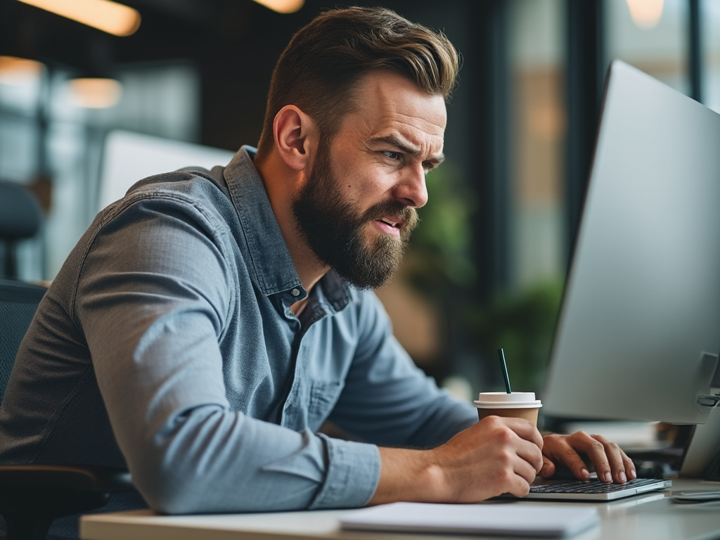 a photo of a man in an office holding a Starbucks coffee and looking angrily at his computer