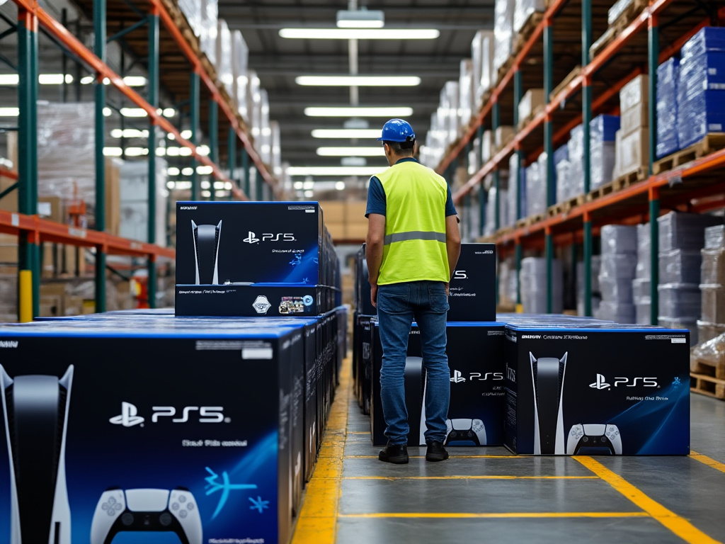 a photo of an amazon warehouse dock with a worker standing with piles of PlayStation 5 boxes