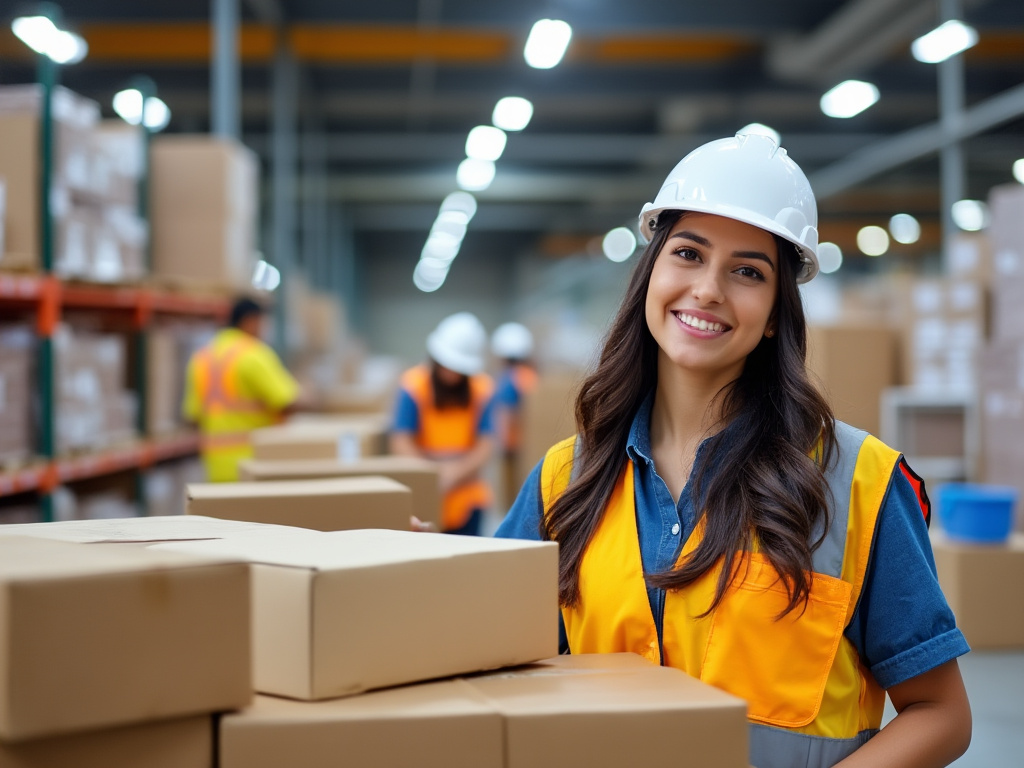 Shein warehouse worker in front of a box stack smiling with other workers loading boxes in the background