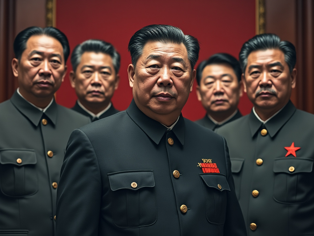 a photo of a group of Chinese communist leaders. There is a very serious setting with low saturation and a hint of red to the image.