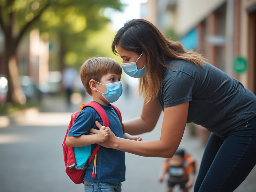 a photo of a mother picking up her child, with the child wearing a mask, either in school or outside of school