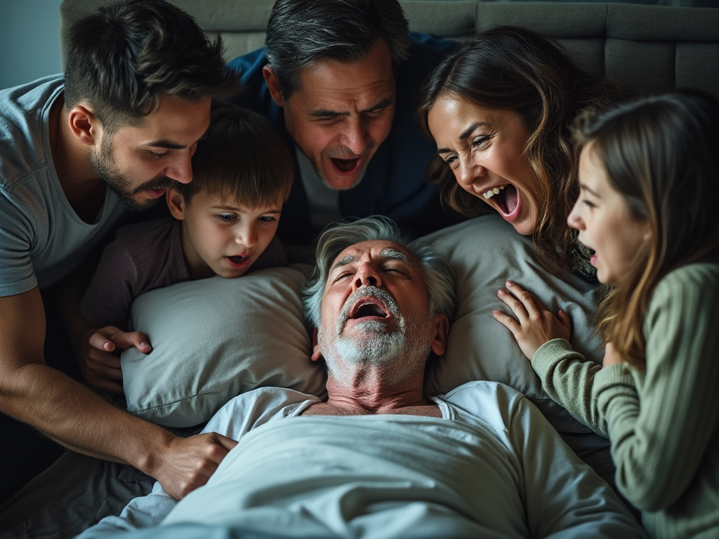 a photo of a sick old man lying in bed with a closely surrounding family yelling at him