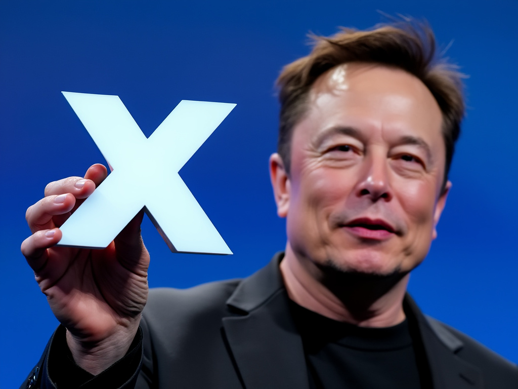 an image of elon musk holding an X logo in front of a blue background