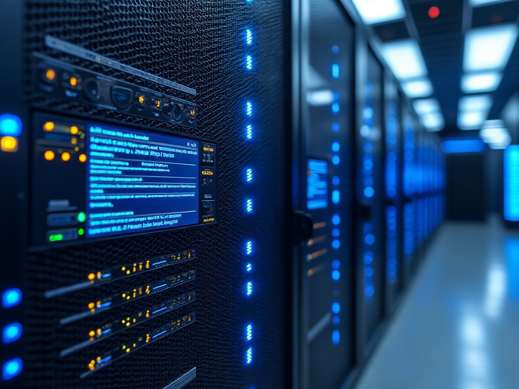 a photo of an artificial intelligence server rack with an electric warning fence in front of it