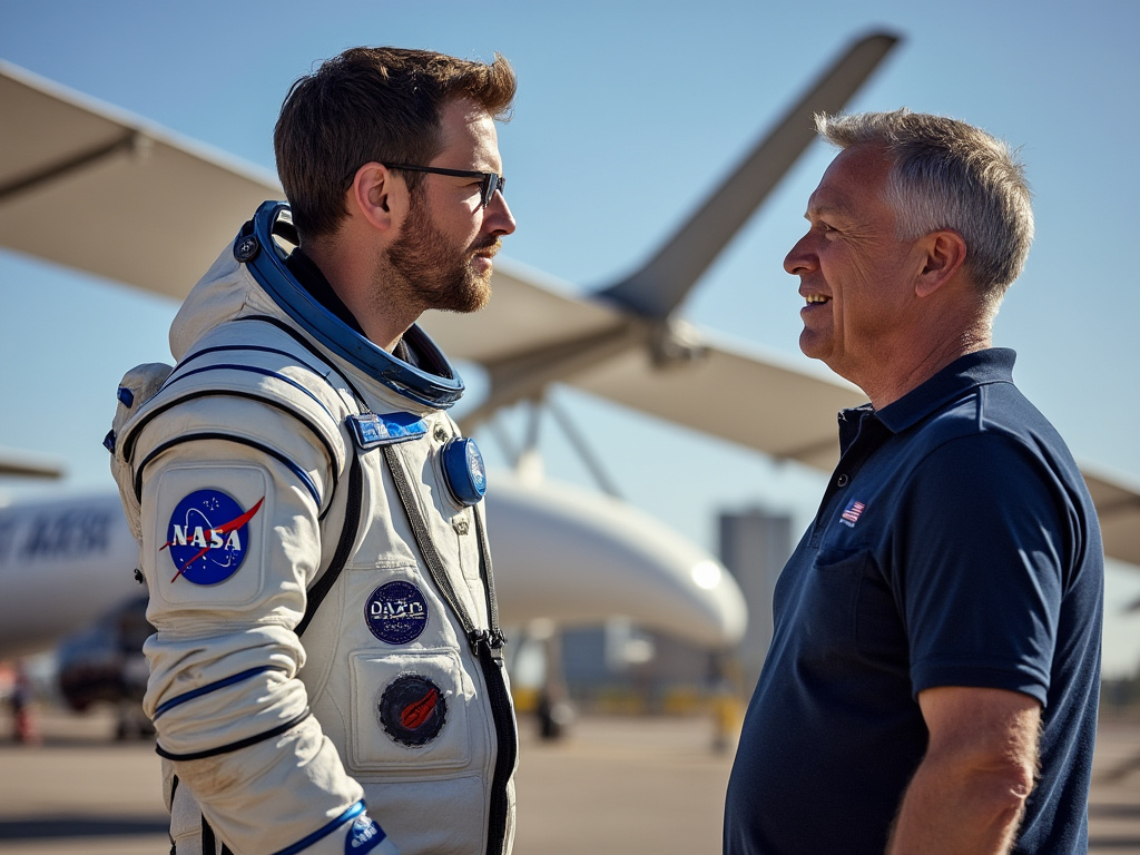 a photo of a NASA employee wearing an astronaut suit talking to another NASA employee who is in a polo shirt and not a spacesuit, they are standing in front of a model of the solar sail