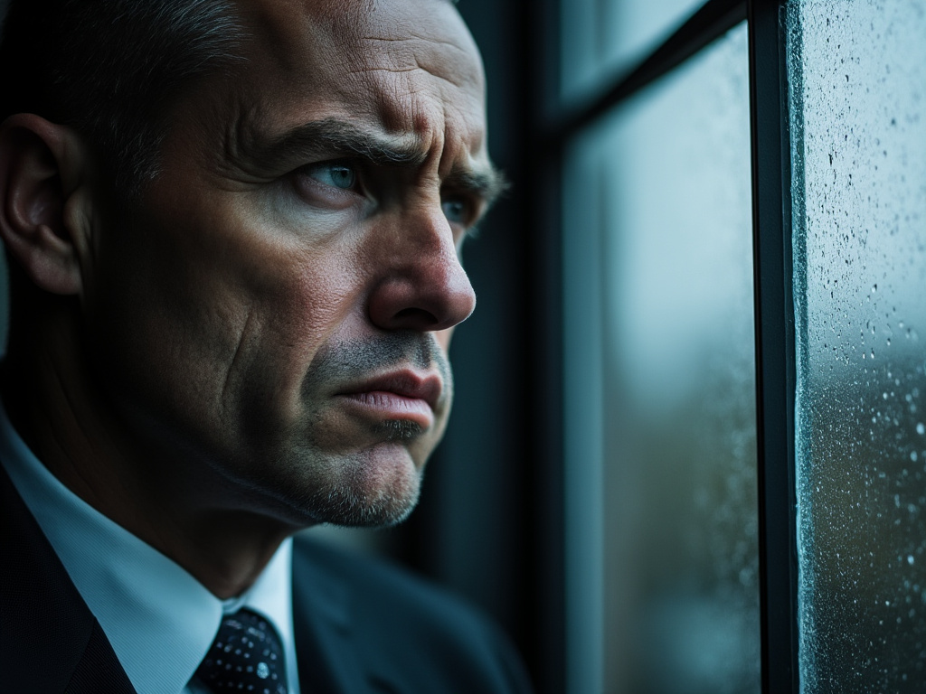 a close-up of a man in a suit looking through a window with rain on it, looking upset