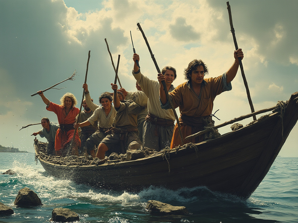 A boat with a group of teachers wielding sticks and rocks