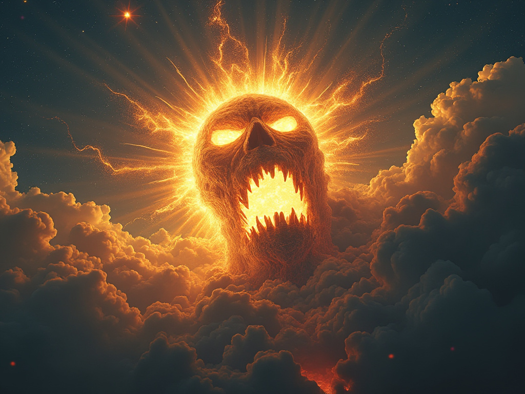 a terrifying face in the sky made of the sun