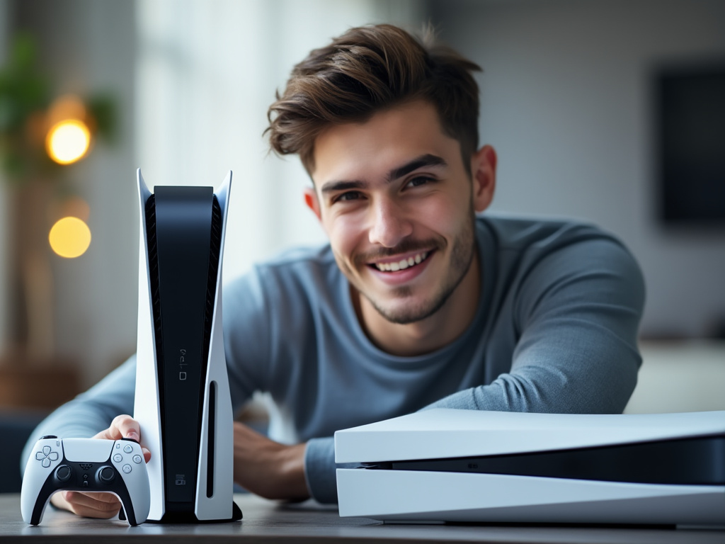 a photo of a young man who is holding a Playstation 5 with a blurry background showing the PS5 on a desk