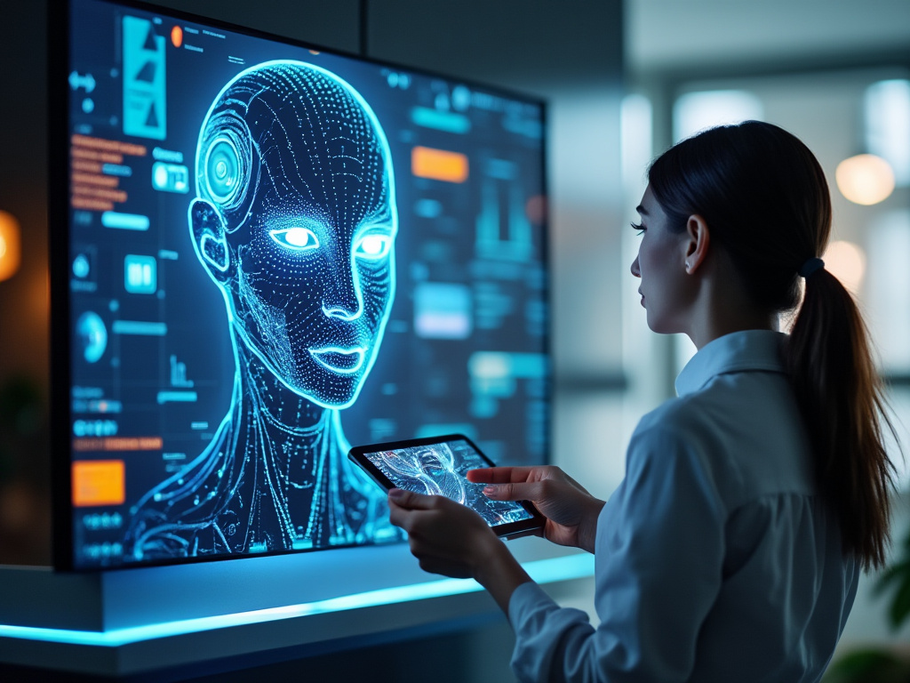 a photo of a woman playing with a futuristic AI device that's being displayed on a big screen