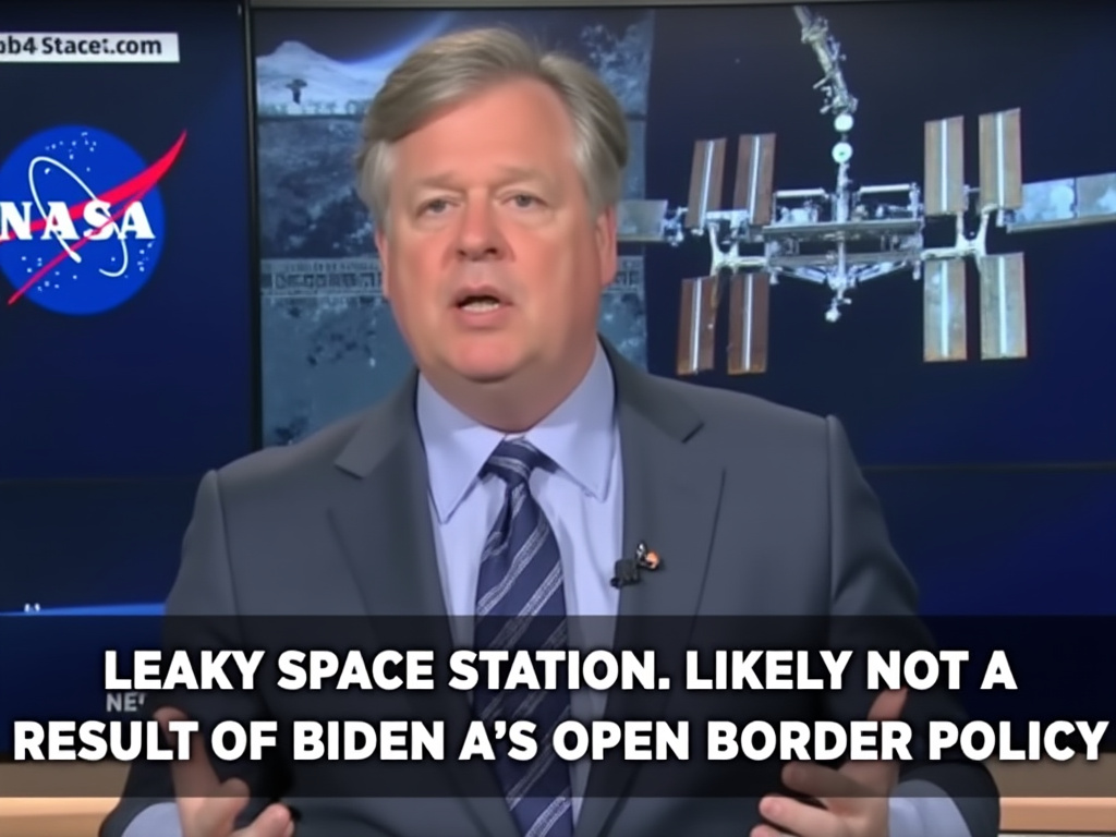 a photo showing a NASA press conference. There is a man speaking and behind them is a screen showing a photo of the ISS with a "Leaky Space Station. Likely Not A Result Of Biden's Open Border Policy" title