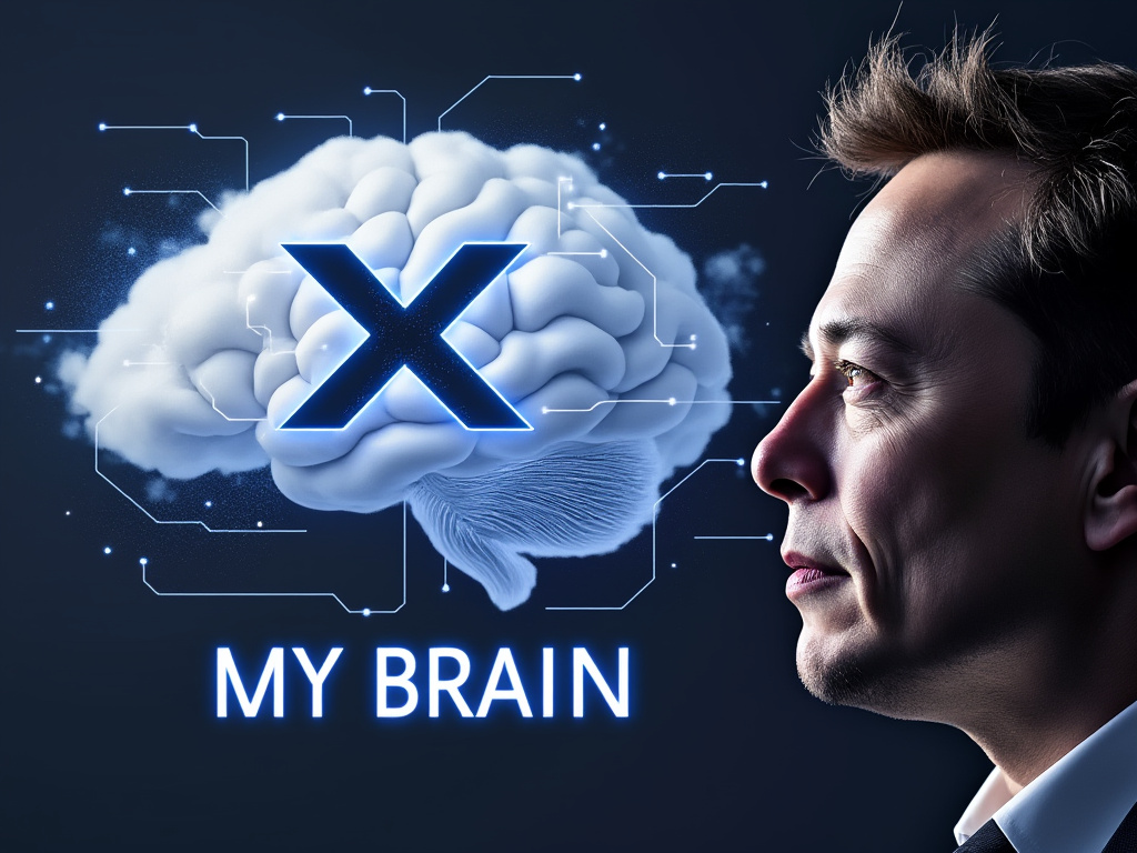 a picture of Elon Musk on the right and a cloud with the X logo with AI generated text on the left with the caption "MY BRAIN"