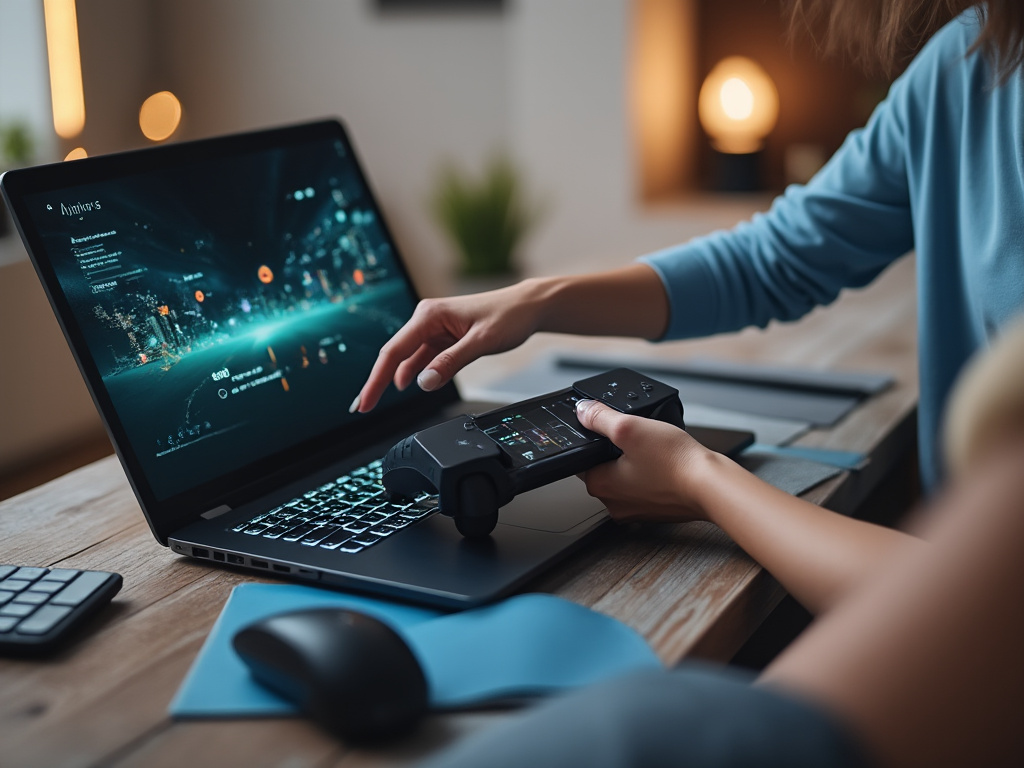 A photo that has a wide shot of a woman's hand reaching out to interact with a large game controller on a laptop