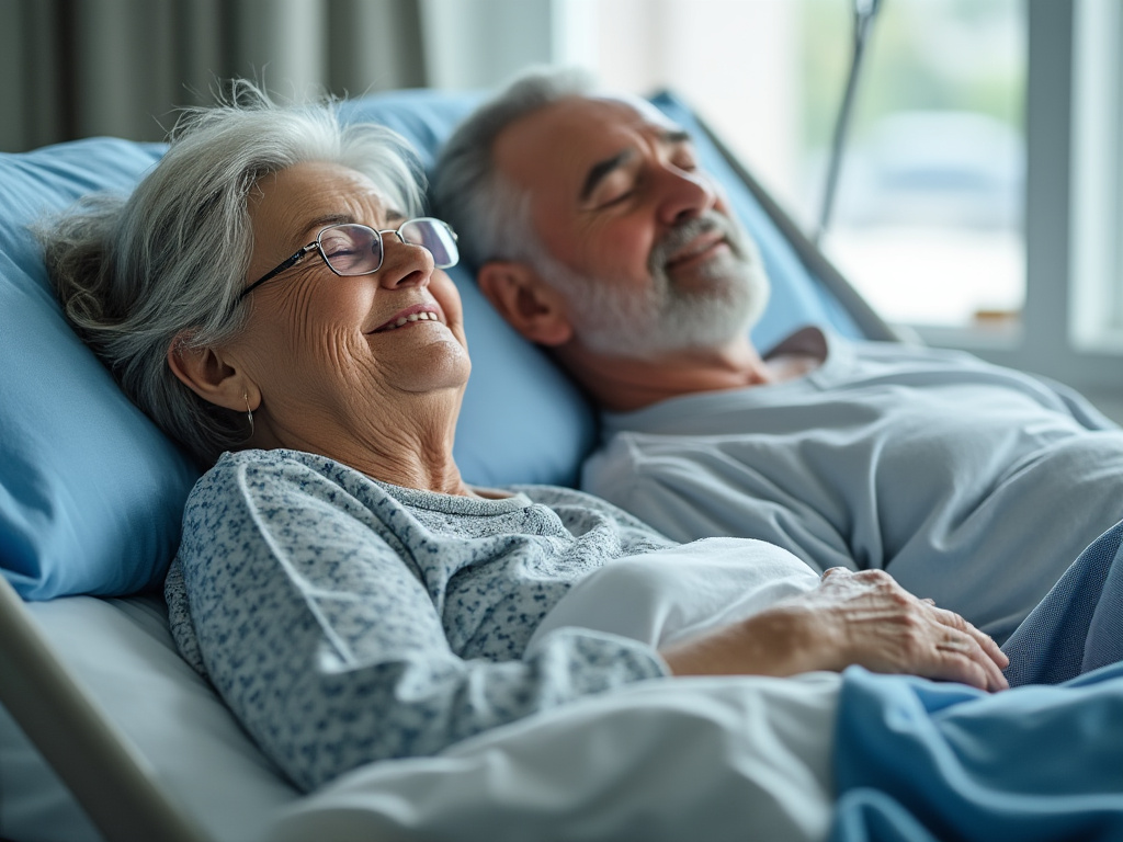 a photo of an elderly woman and an old man in a hospital bed.