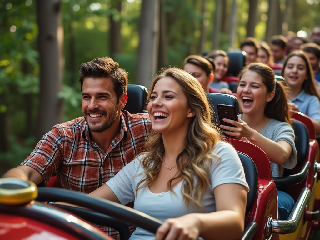 people riding a rollercoaster at dollywood while one couple is smiling and a girl behind is holding a phone