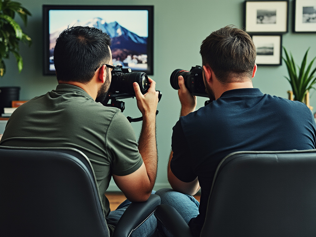 a photo of two men sitting behind cameras looking at a scene and thinking on it