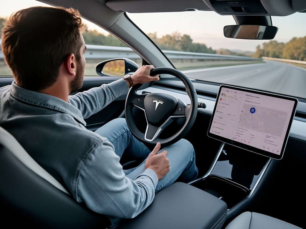 a photo of a man in car with hands and feet up off steering wheel and pedals, on highway and Tesla screen