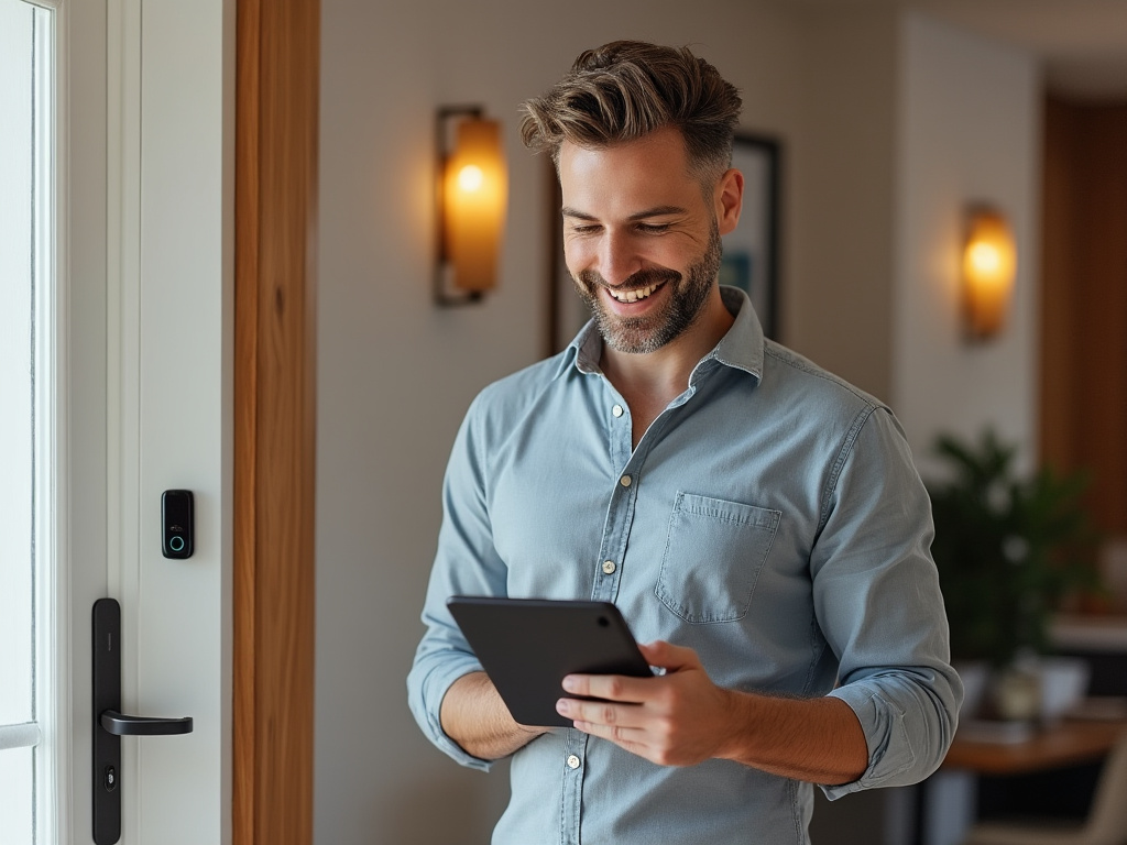 a photo of a man with a smile watching a ring doorbell on his tablet