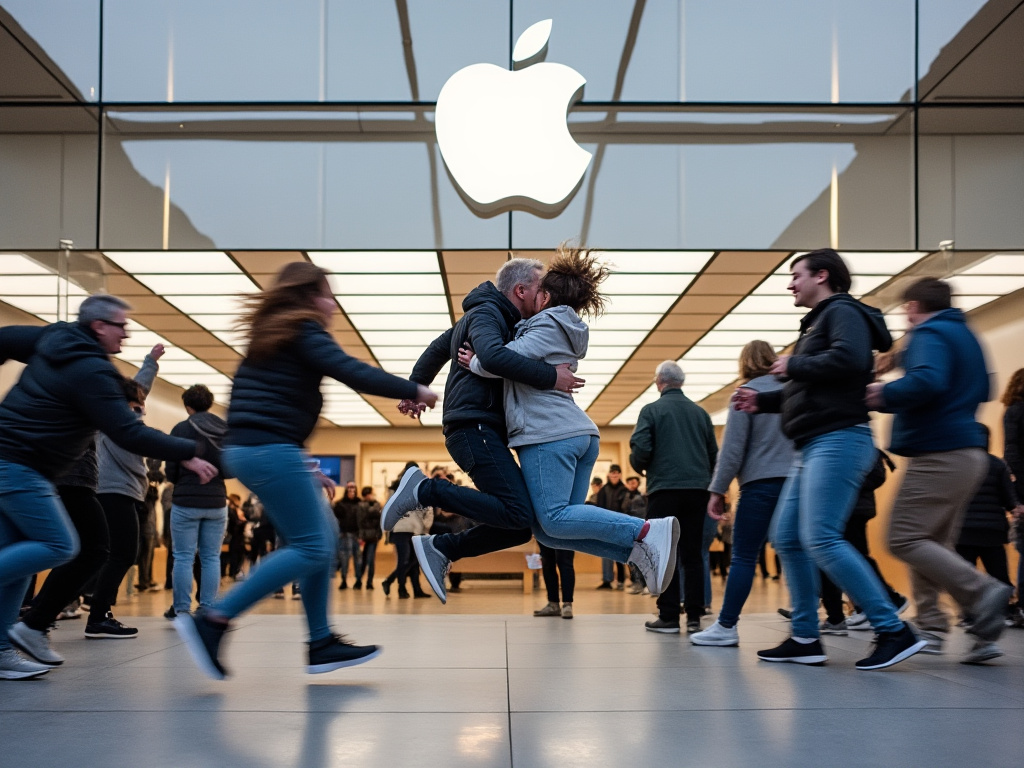 a photo of people running, jumping, and hugging outside the front of an Apple store