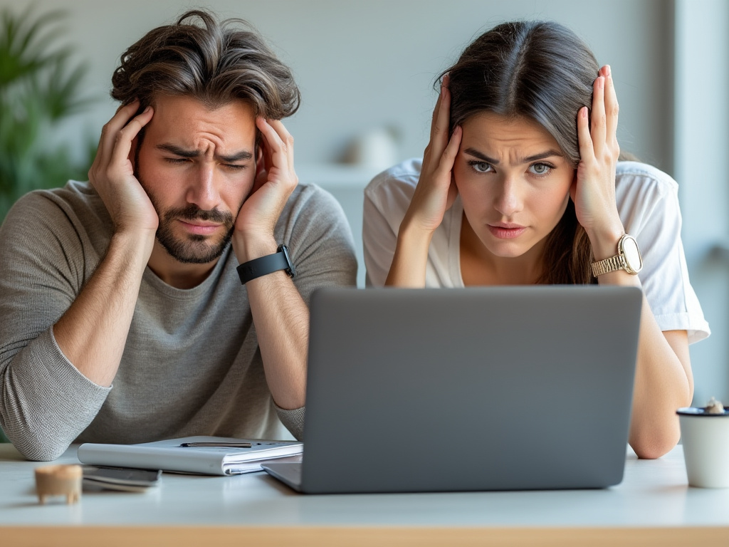 a photo of a man and woman sitting in front of a laptop looking frustrated