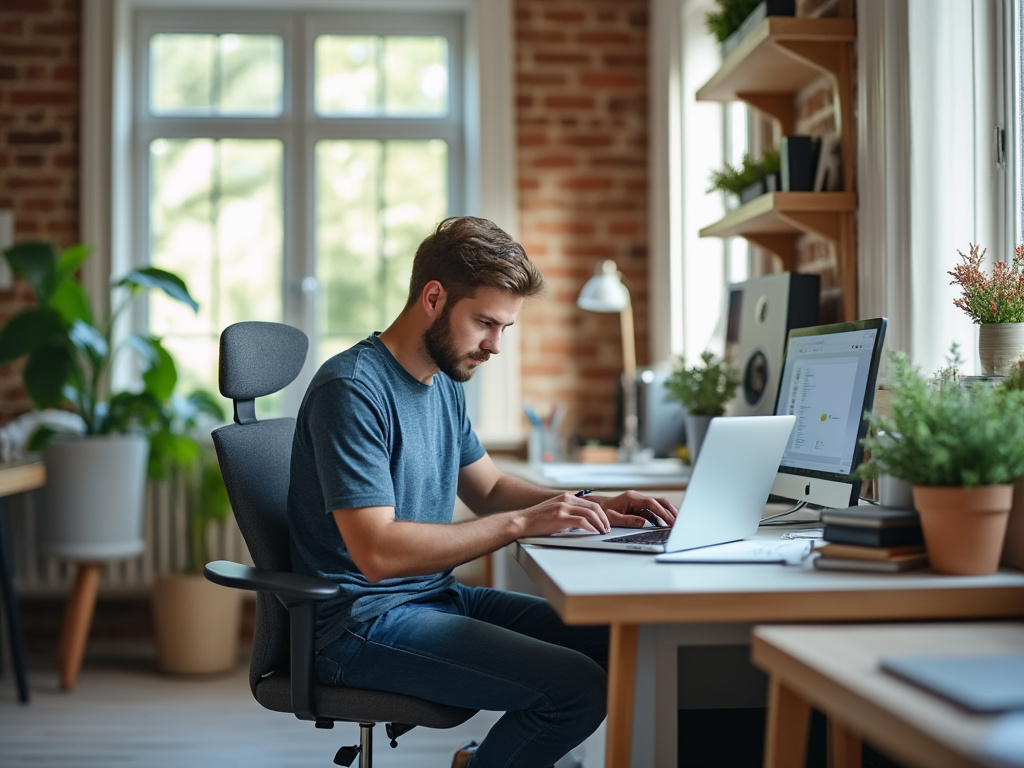 Just a man working on a laptop in the home office