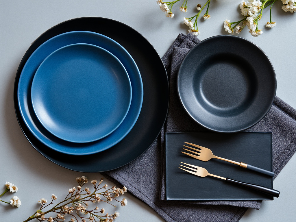 black and blue generic plates sitting on a table