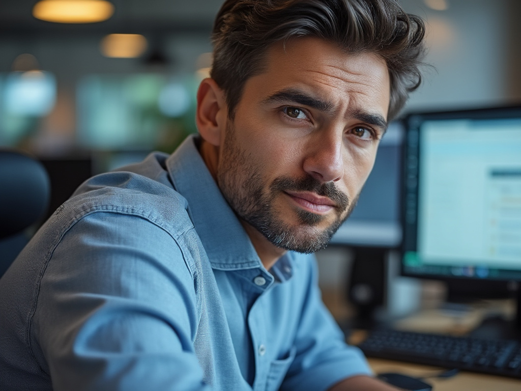 a photo of a man in an office looking at the camera with a disguised photo from the webcam behind him