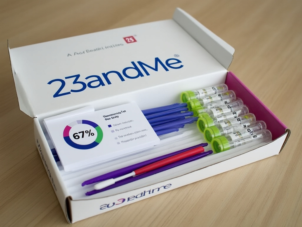 a close-up photo of a 23andMe test box, looking top down on test tubes and swabs, and a small pie-chart showing 67% "no match"