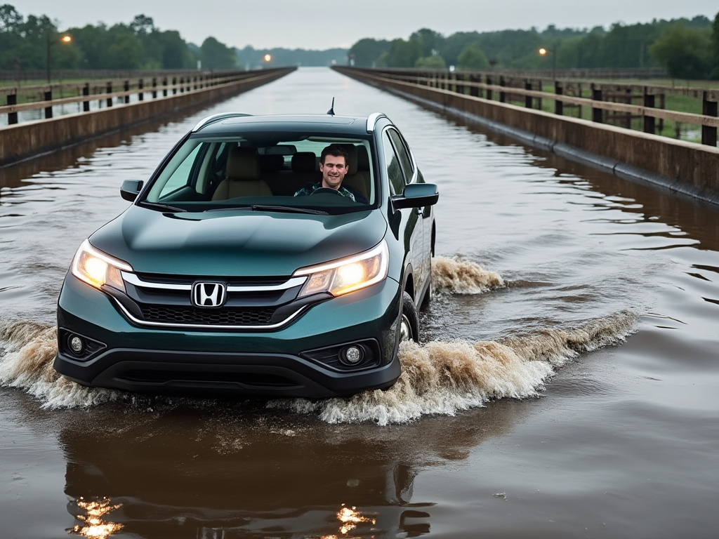 a picture of a 27-year-old man driving a Honda CR-V through a flooded bridge with the Georgia floodwaters rising above the hood