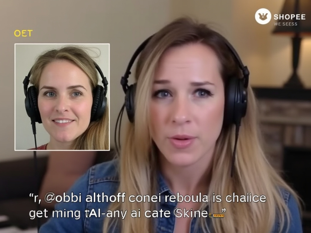 a scene from Bobbi Althoff's podcast with a guest wearing a costume mask of her face