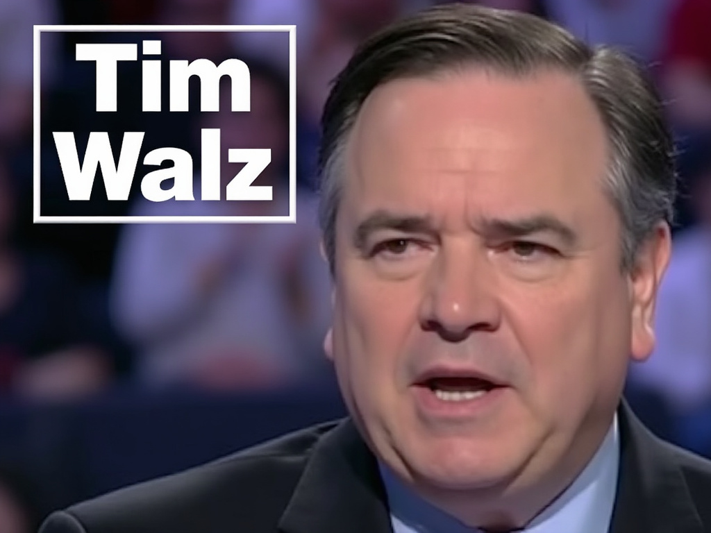 A photo of Tim Walz at the debate. The image sets Tim in focus while the background is out of focus. In the upper left corner is the name 'Tim Walz' in large white letters in a box.