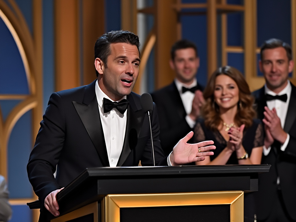 still from 2023 Oscars live show showing a man leaning over a podium talking into a microphone with 2 men and 1 woman in the background clapping