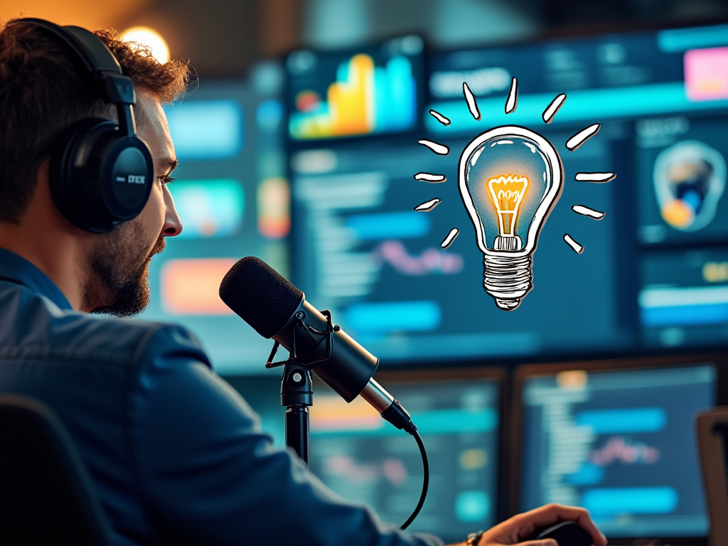 A blurry photo of a man talking on a mic in a studio and a cartoonish doodle of an AI with a lightbulb